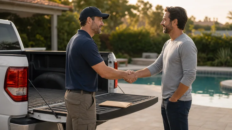 Two professionals shaking hands at a truck tailgate beside a backyard pool
