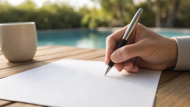 Close-up of a hand signing a document at an outdoor table near a pool
