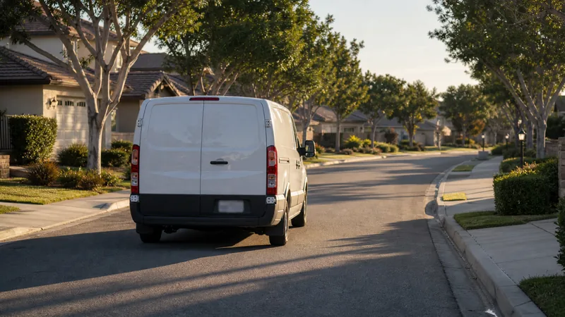 Work van driving down a suburban street in early morning light