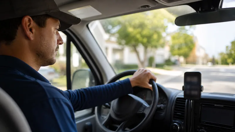 Technician driving a service van with a phone mounted on the dashboard