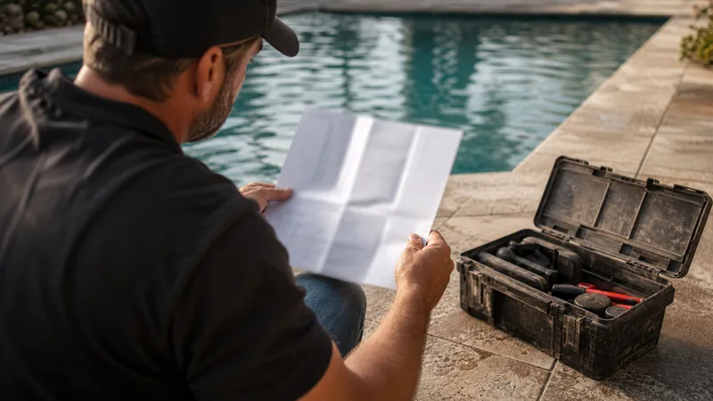 Contractor reviewing paperwork beside a toolbox on a pool deck