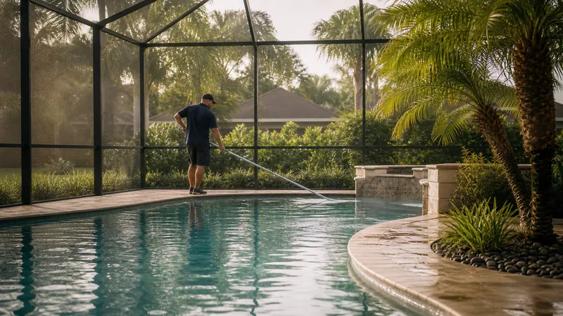 Technician cleaning a screened-in Florida pool lanai surrounded by palm trees