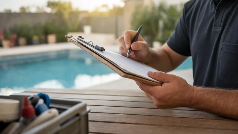 Hands holding a clipboard with paperwork at an outdoor table beside a pool