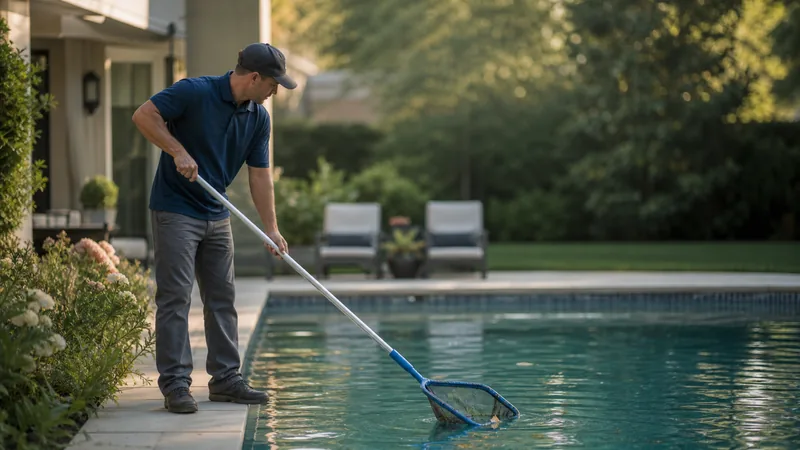 Pool technician skimming a residential pool with a leaf net in the morning