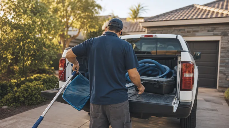 Technician loading pool cleaning equipment into a truck tailgate