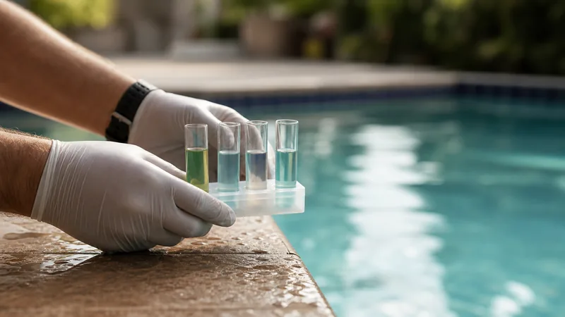 Gloved hands holding a water test kit with test tubes at a pool's edge