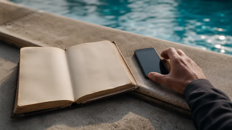 A paper logbook and a smartphone side by side on a pool deck ledge