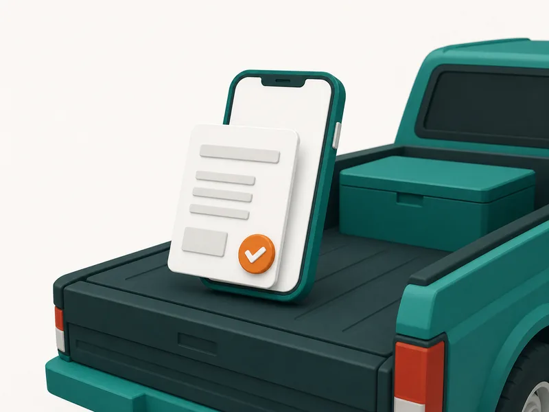 Illustration of a smartphone showing an invoice and checkmark badge on a truck tailgate