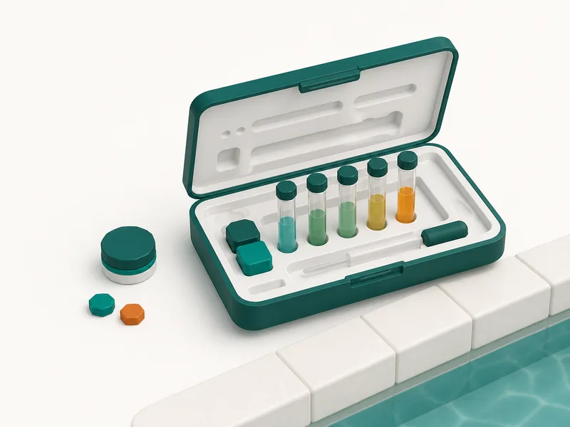 Illustration of a water testing kit with test tubes in teal and amber tones