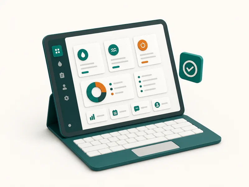 Illustration of a laptop showing a dashboard with cards and an approval checkmark
