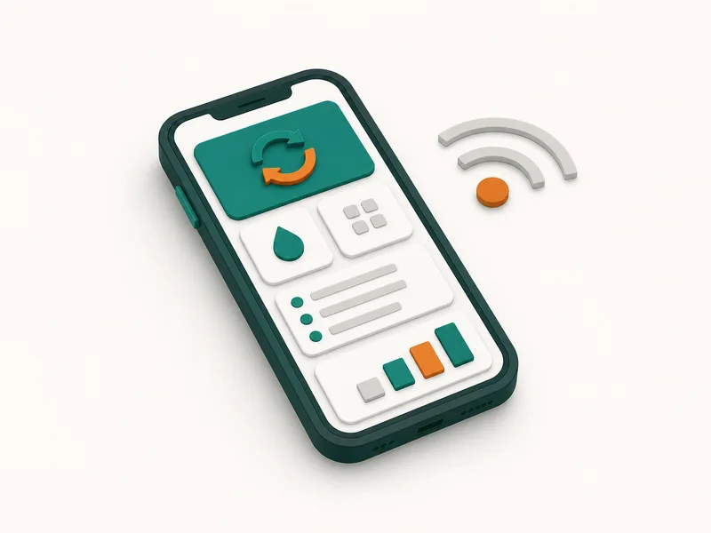Illustration of a smartphone app interface with cards and a signal-wave icon