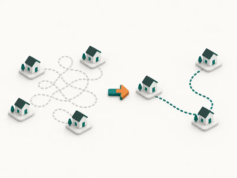Illustration of a tangled route line straightening into an optimized path between houses