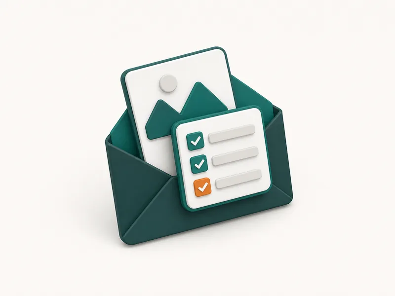 Illustration of an open envelope with a photo card and checklist icon