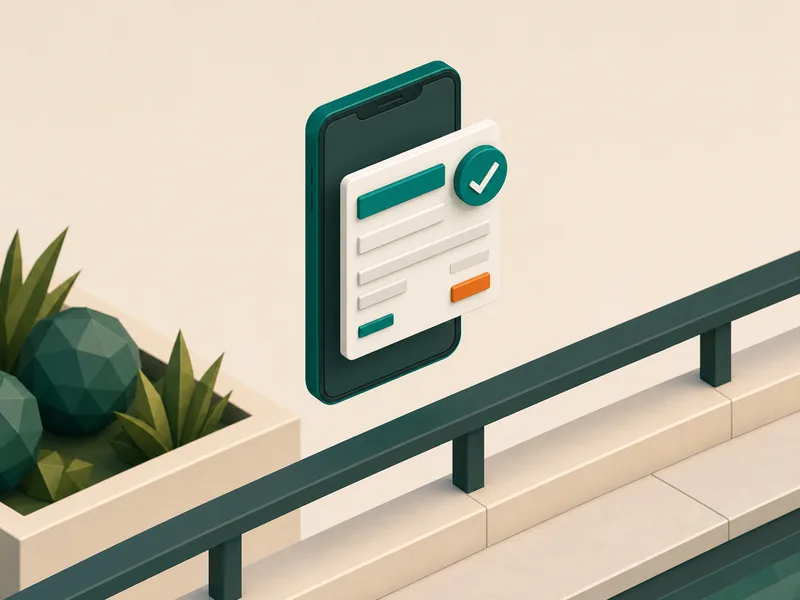 Illustration of a smartphone displaying an invoice card above a pool deck railing