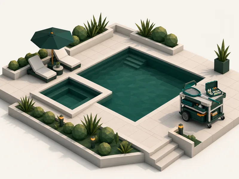 Illustration of a backyard with a separate pool and spa side by side