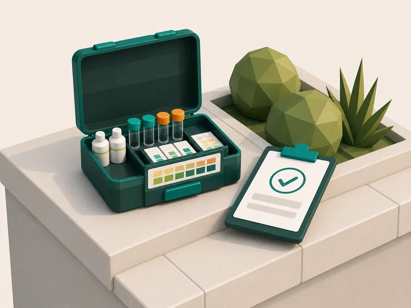 Illustration of a pool water testing kit with test tubes and a checklist clipboard