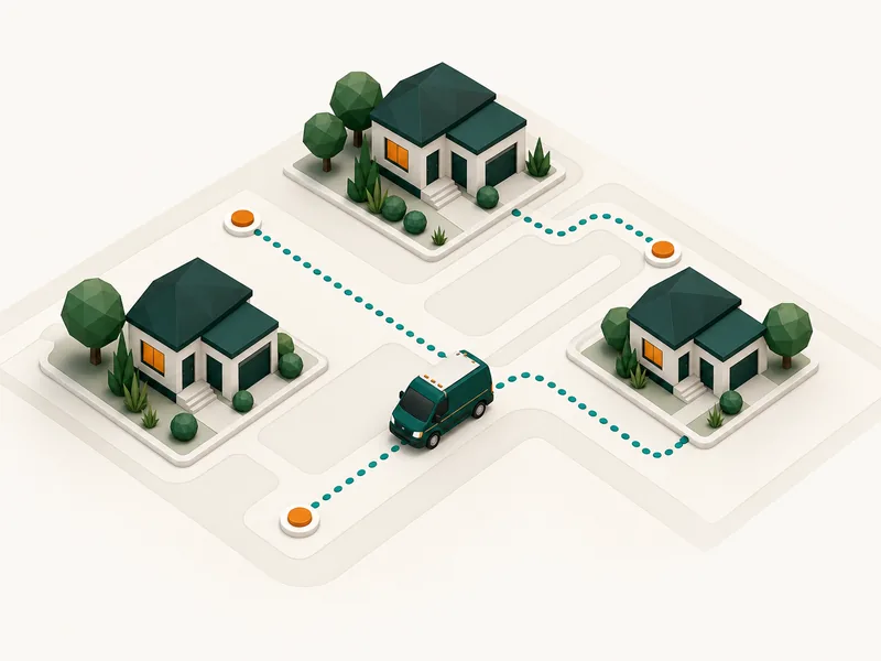 Illustration of a map with a dotted delivery route connecting neighborhood houses