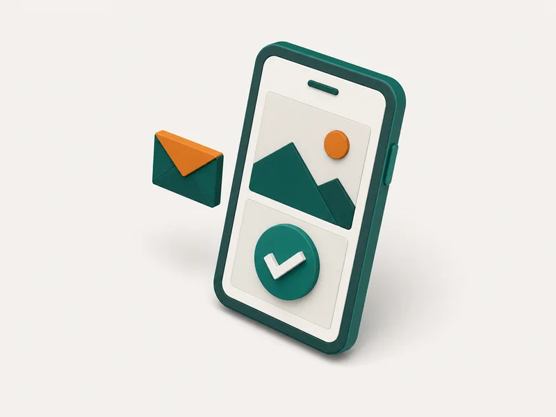 Illustration of a smartphone showing photos and a checklist, with an email icon