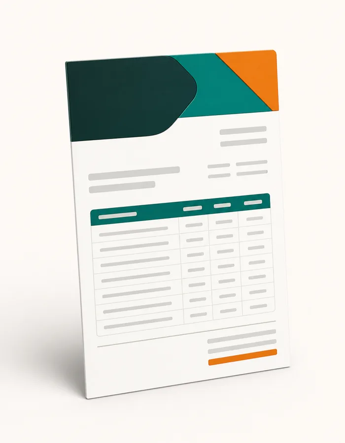 Illustration of a printed invoice document standing upright with a row table